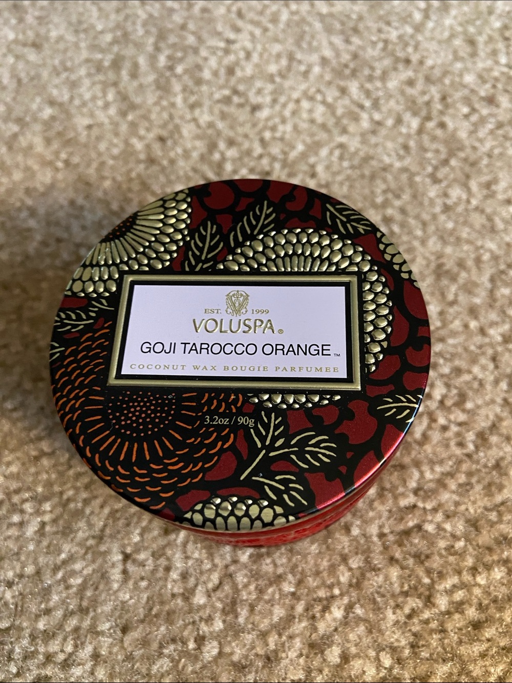 Voluspa Goji Tarocco Orange Decorative Red and Gold Tin Candle